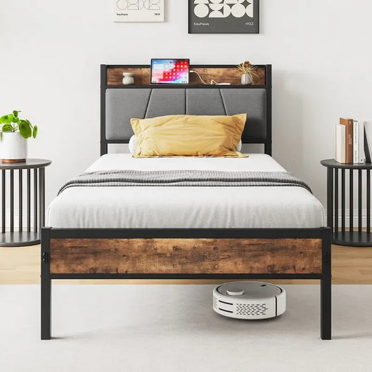 Twin Size Storage Headboard Bed with Charging Station,Easy Assembly