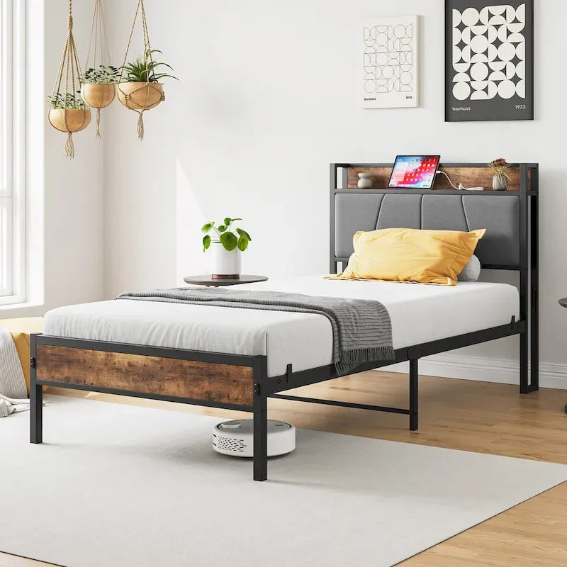 Twin Size Storage Headboard Bed with Charging Station,Easy Assembly