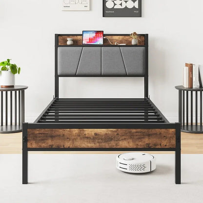 Twin Size Storage Headboard Bed with Charging Station,Easy Assembly