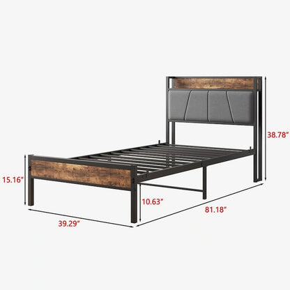 Twin Size Storage Headboard Bed with Charging Station,Easy Assembly