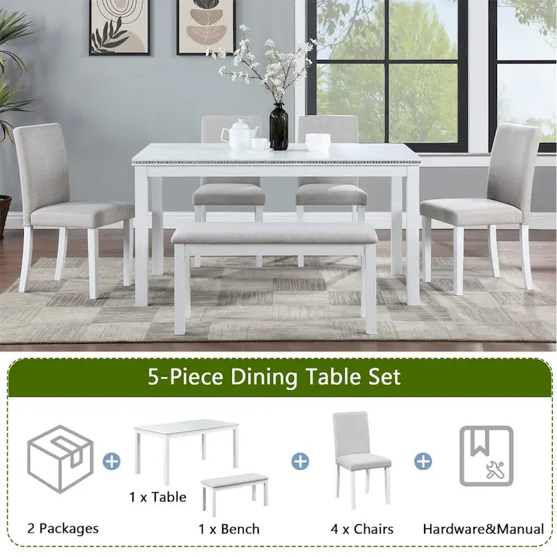 Wooden Dining Rectangular Table with Bench and 4 Chairs