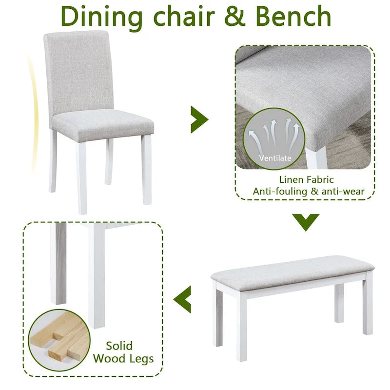 Wooden Dining Rectangular Table with Bench and 4 Chairs