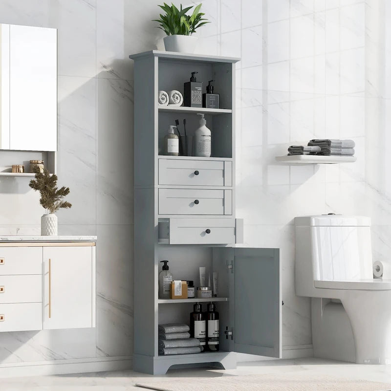 Tall Storage Cabinet with 3 Drawers and Adjustable Shelves for Bathroom
