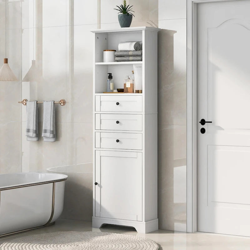 Tall Storage Cabinet with 3 Drawers and Adjustable Shelves for Bathroom