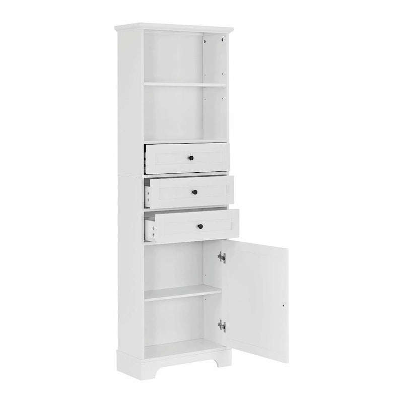 Tall Storage Cabinet with 3 Drawers and Adjustable Shelves for Bathroom