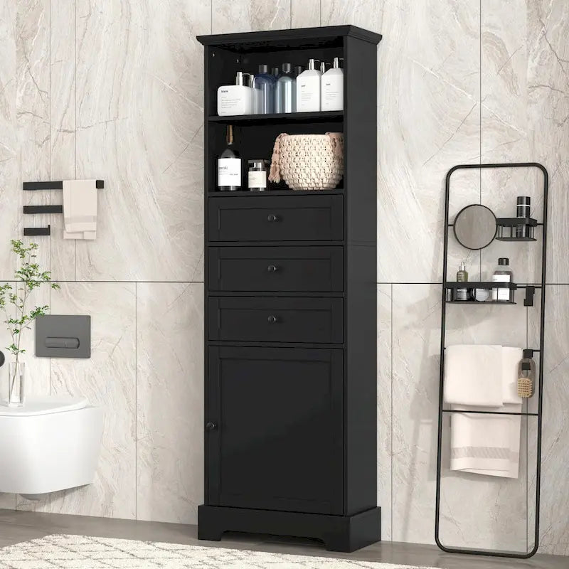 Tall Storage Cabinet with 3 Drawers and Adjustable Shelves for Bathroom