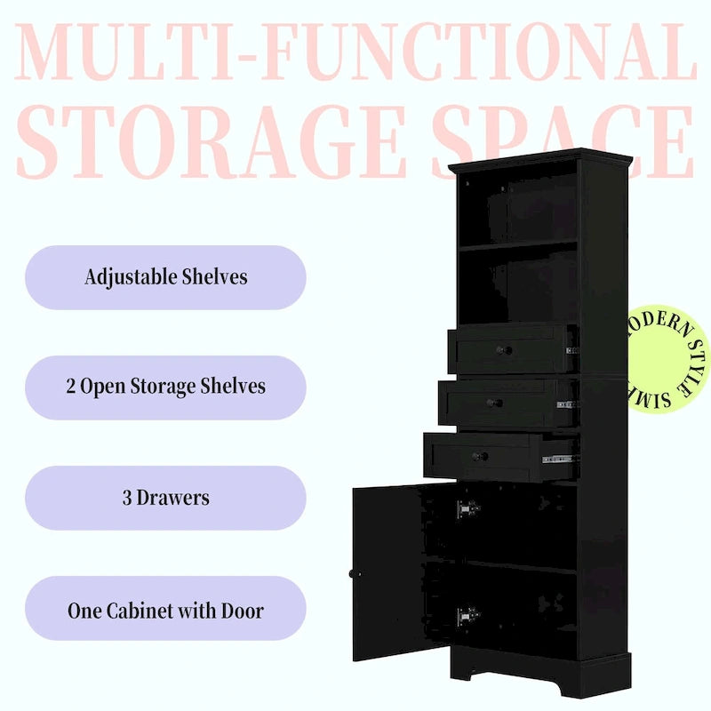 Tall Storage Cabinet with 3 Drawers and Adjustable Shelves for Bathroom