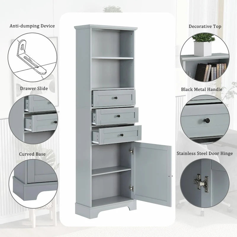 Tall Storage Cabinet with 3 Drawers and Adjustable Shelves for Bathroom