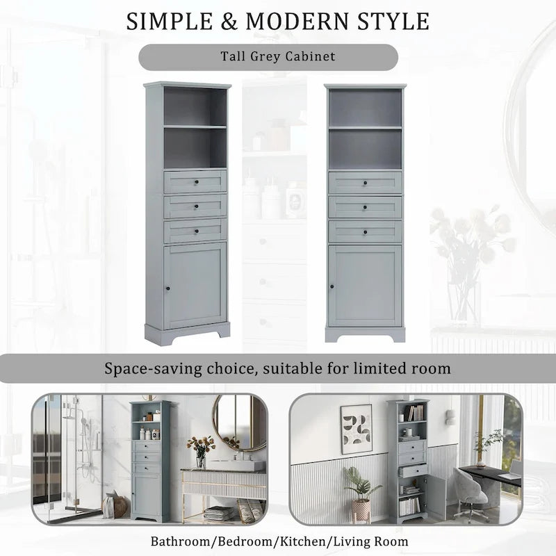 Tall Storage Cabinet with 3 Drawers and Adjustable Shelves for Bathroom