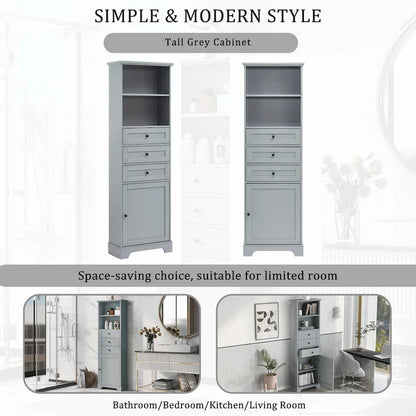 Tall Storage Cabinet with 3 Drawers and Adjustable Shelves for Bathroom