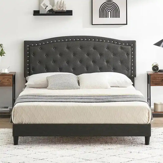 Bed Frame Upholstered Platform Bed with Adjustable Button Tufted & Nailhead Trim Headboard