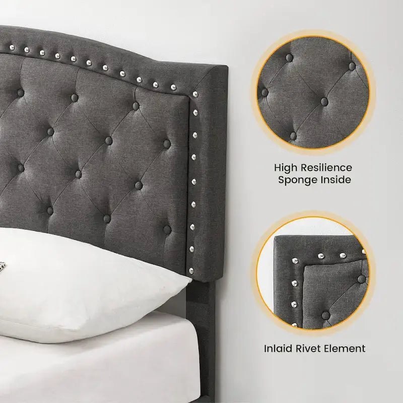 Bed Frame Upholstered Platform Bed with Adjustable Button Tufted & Nailhead Trim Headboard