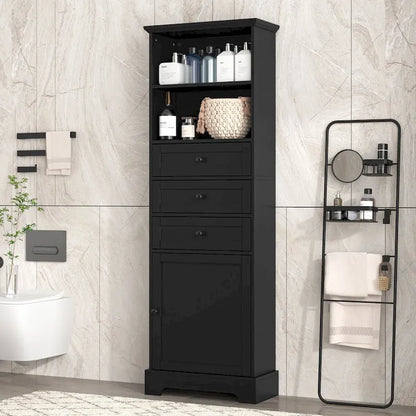 Black Tall Storage Cabinet with 3 Drawers and Adjustable Shelves for Bathroom,Study,Office and Interior