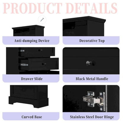 Black Tall Storage Cabinet with 3 Drawers and Adjustable Shelves for Bathroom,Study,Office and Interior