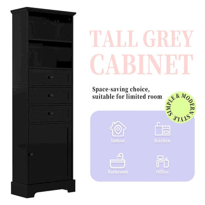 Black Tall Storage Cabinet with 3 Drawers and Adjustable Shelves for Bathroom,Study,Office and Interior