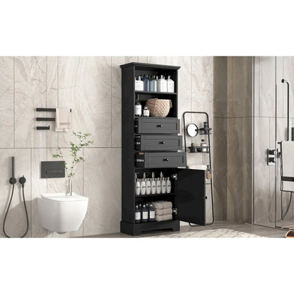 Black Tall Storage Cabinet with 3 Drawers and Adjustable Shelves for Bathroom,Study,Office and Interior