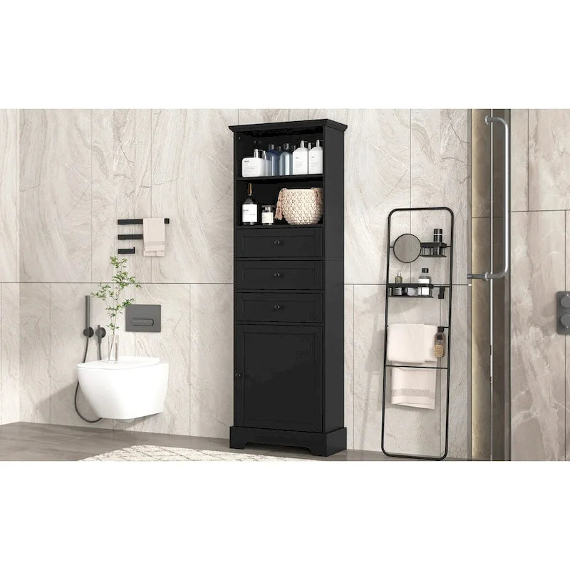 Black Tall Storage Cabinet with 3 Drawers and Adjustable Shelves for Bathroom,Study,Office and Interior