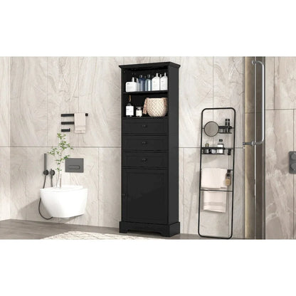 Black Tall Storage Cabinet with 3 Drawers and Adjustable Shelves for Bathroom,Study,Office and Interior