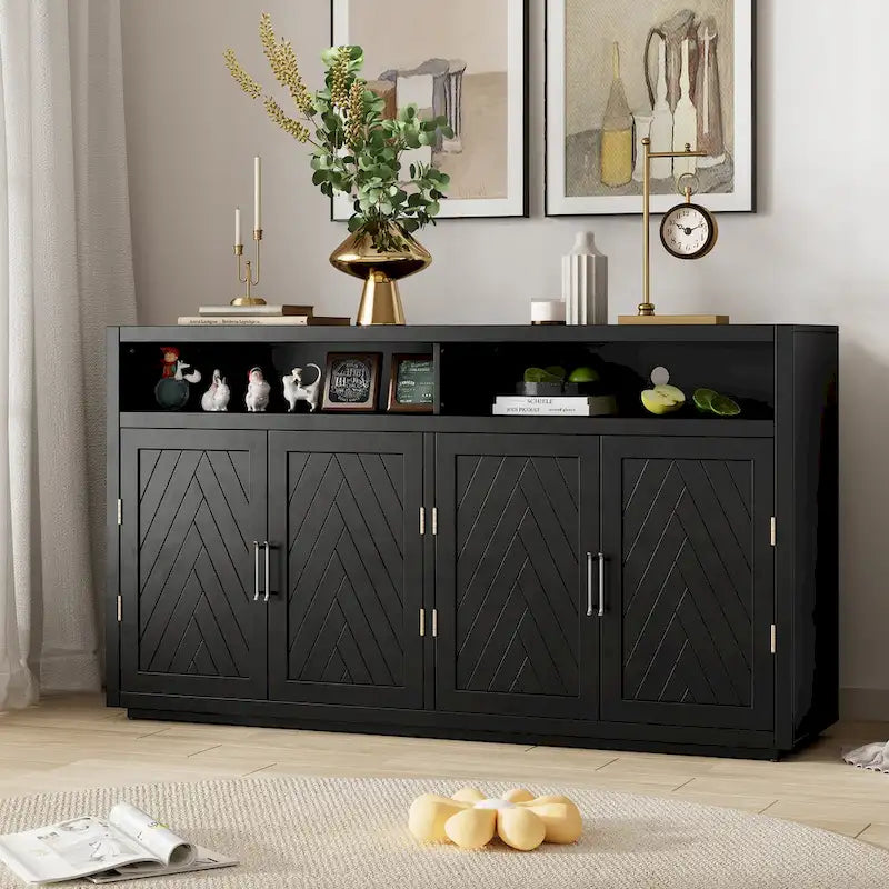 4-door Classic Sideboard with Open Storage and Adjustable Shelves